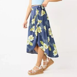 SO Juniors Plus XXL Floral Faux Wrap Midi Skirt Navy Blue Yellow Hibiscus Rayon